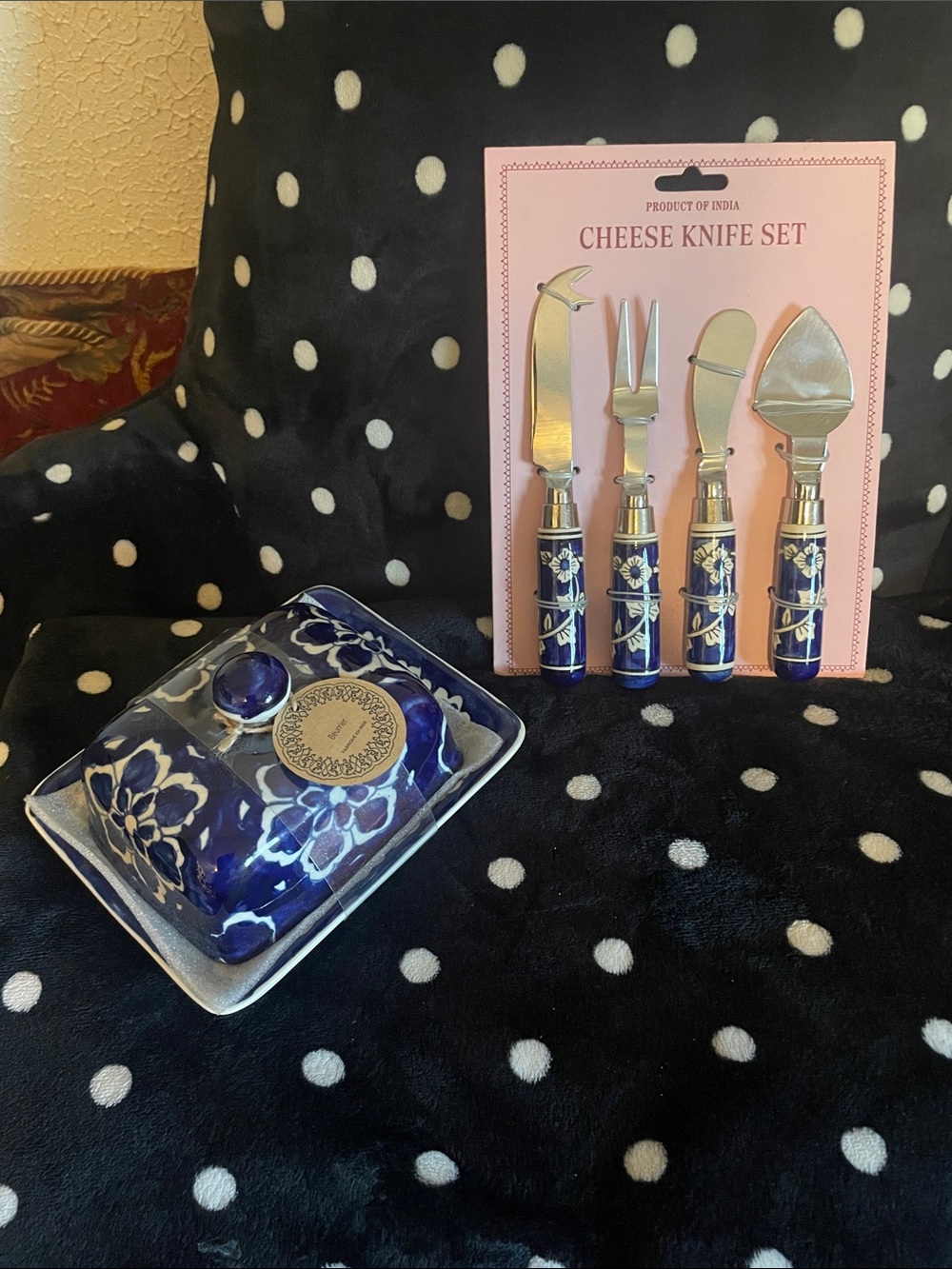 Blue Floral Cheese Knife Set with Matching Butter Dish